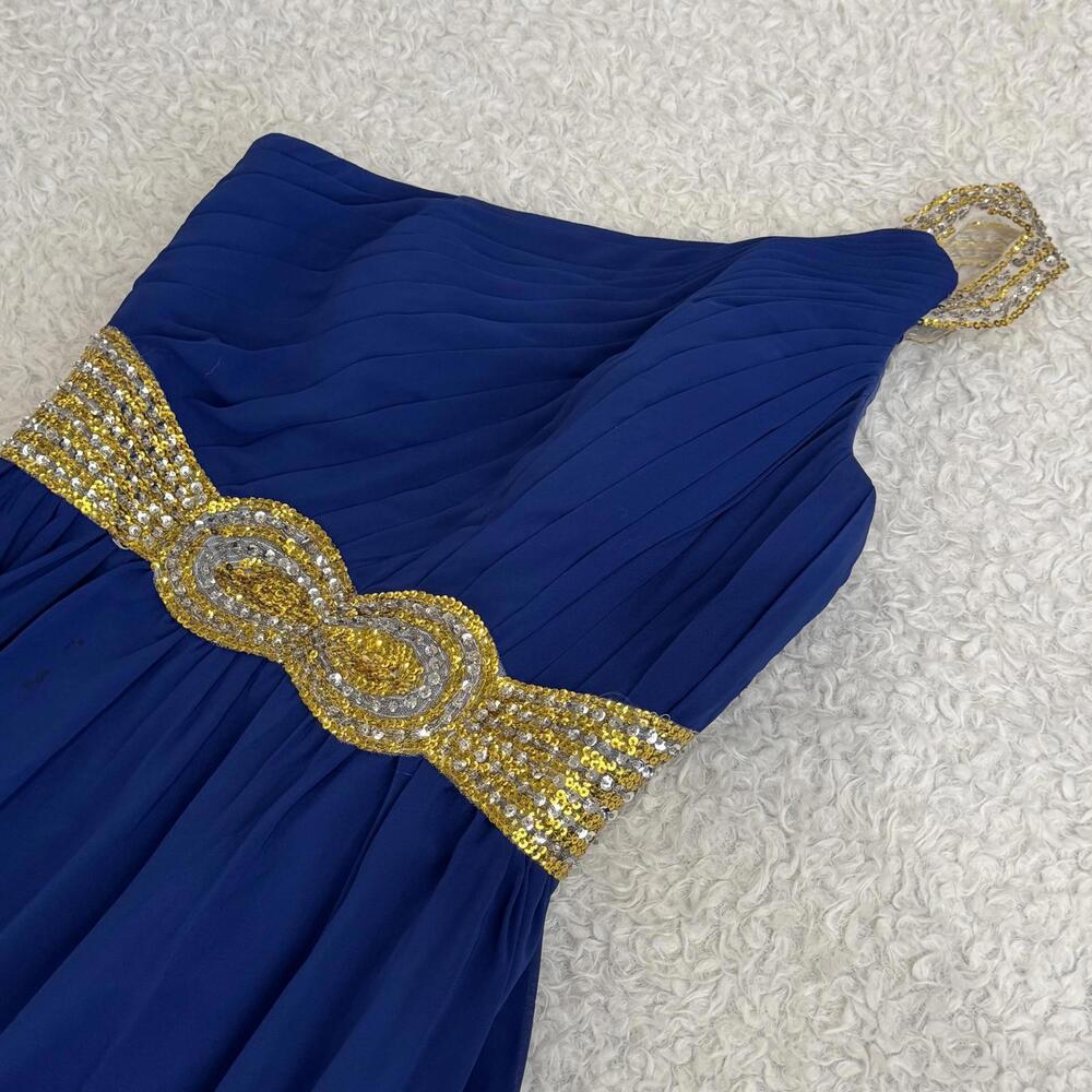 JJ’s House Women’s One-Shoulder Royal Blue Evening Dress Gold Sequins - size S/M - Picture 3 of 7
